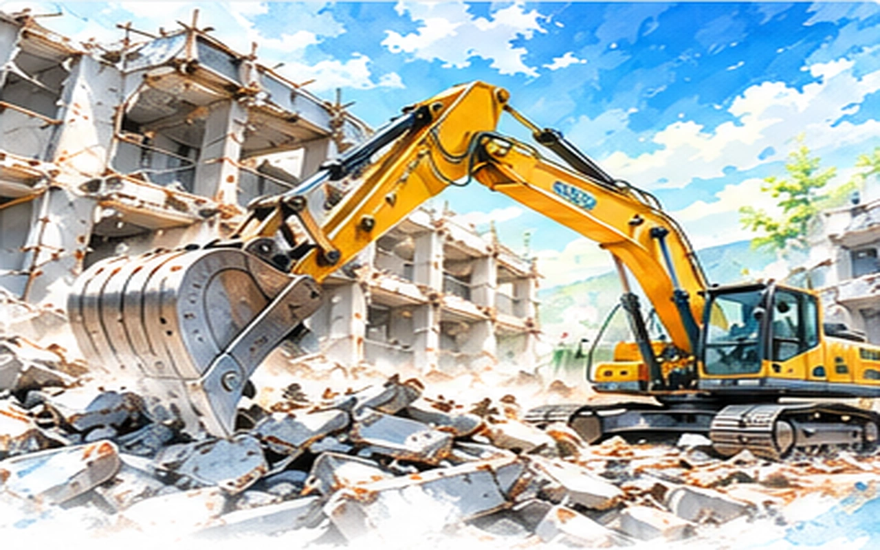 解体工事|建物解体現場と油圧ショベル
